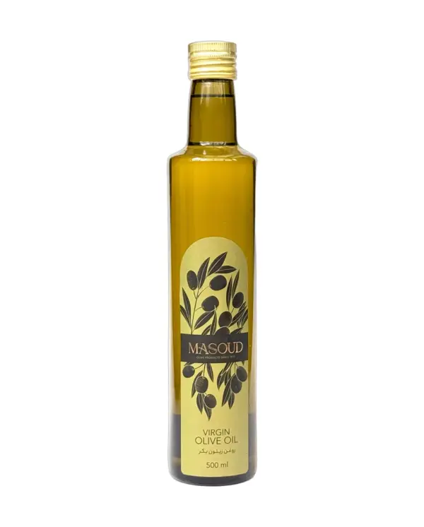 بطری ۵۰۰ میلی‌لیتری روغن زیتون بکر با بو مسعود رودبار طرح جدید