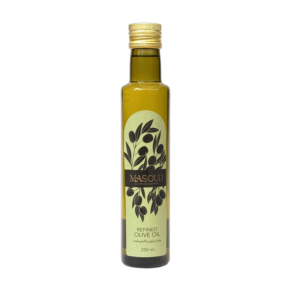 روغن زیتون بی بو (250 میلیلیتر) مسعود رودبار بطری ۲۵۰ میلیلیتری روغن زیتون بی بو تصفیه شده مسعود رودبار طرح جدید