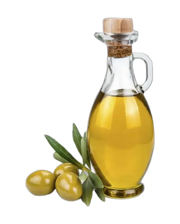 بطری شیشه‌ای روغن درمانی خالص زیتون رودبار با درپوش چوب‌پنبه‌ای و زیتون طبیعی مسعود